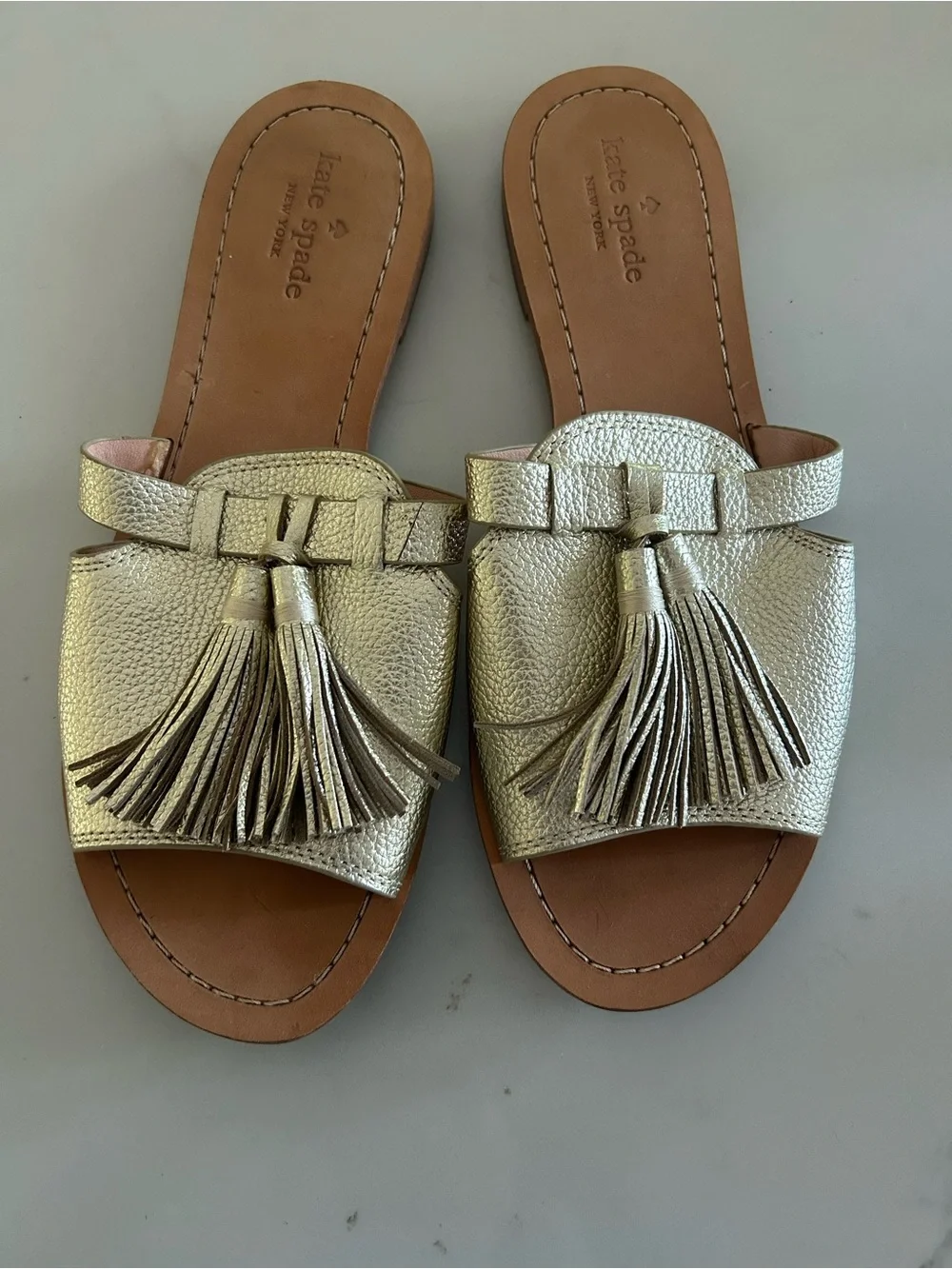 kate spade Gold Leather Tassel Slide Mules